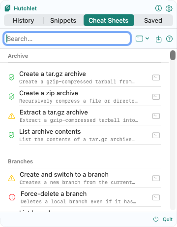 The Cheat Sheets catalog grouped by category, each command with a risk and target icon